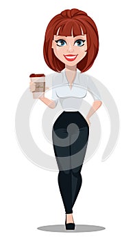 Business woman in office style clothes with brown hair.