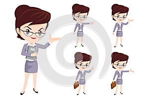 business woman or office worker character with various poses, face emotions and gestures. Talking on the phone ,present,point