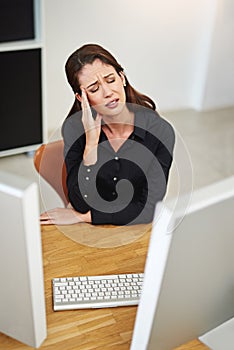 Business woman, pain or stress on computer for human resources mistake, error or fail in project deadline. Sad, tired