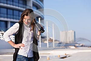 Business woman with a pair of binoculars