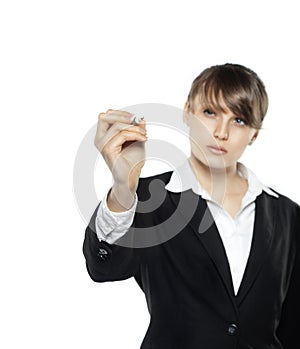 Business woman with pen drawing diagram, isolated on white background
