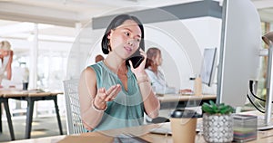 Business woman, phone call and computer desk while taking to contact about CRM notification or reading marketing email
