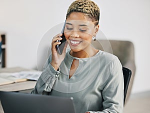 Business woman, phone call and networking in a office with corporate work and conversation at law firm. Laptop, African