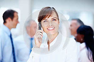 Business woman, phone call and portrait in office of lawyer with confidence and smile. Happy, working and company