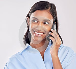 Business woman, phone call with smile and communication, deal and networking with contact on studio background. Happy