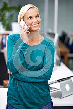 Business woman, phone call and smile in office for networking, contact and negotiation. Corporate person, smartphone and