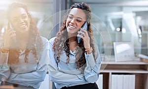 Business woman, phone call and talking in office, networking and negotiation on deal for company. Female person, window