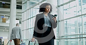 Business woman, phone text and airport for travel, commute and employee walking. Mobile networking, social media scroll