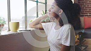 Business woman, phone or thinking by window on office rest, coffee break or lunch time. Brazilian worker, employee or