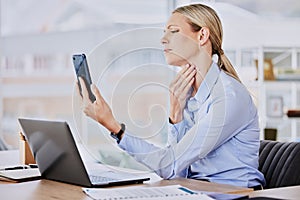 Business woman phone, throat pain and sick employee in a office on a video call with online doctor. Worker, female
