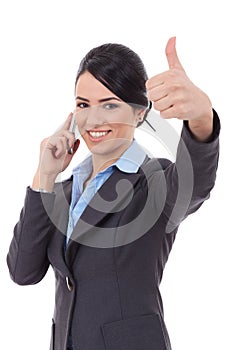 Business woman with phone and thumbs up gesture