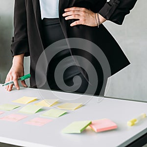 Business woman planning strategy sticky notes memo