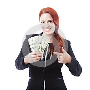 Business woman point to a lot of dollar bank notes