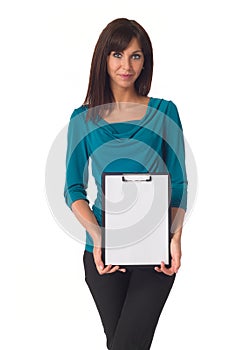 Business woman pointing in blank clipboard