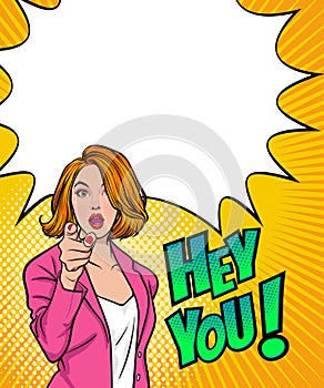 Business woman pointing finger with hey you