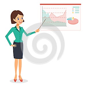 Business woman pointing on graph, diagram. Business presentation