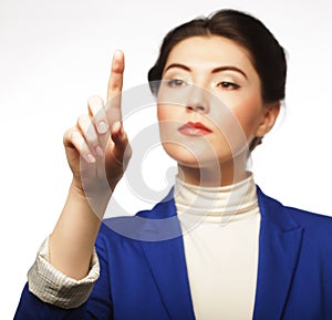 Business woman pointing her finger virtual button