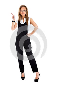 Business woman pointing showing
