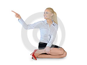 Business woman pointing side