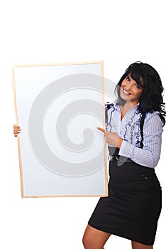 Business woman pointing to blank placard