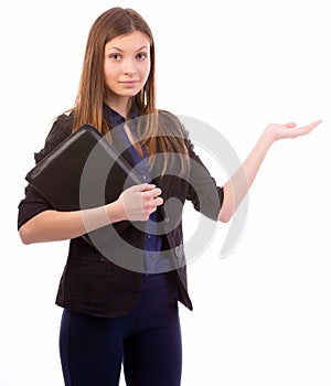 Business woman pointing to open space