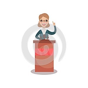 Business woman or politician character speaking to audience from tribune, public speaker, political debates, side view