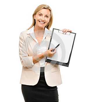 Business woman, portrait and clipboard for registration, sign up or application isolated on a white studio background