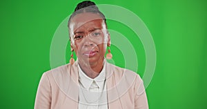 Business woman, portrait and crying on green screen to wipe face, eyes or tears. Professional, young and African