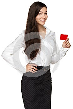 Business woman portrait. Girl holding card.