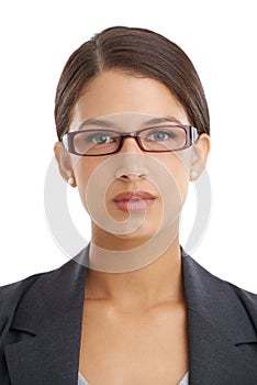 Business woman in portrait, glasses and professional vision with eye care, wellness and optometry for investigative