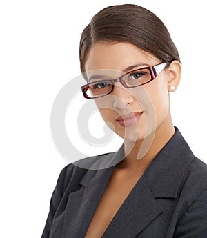 Business woman in portrait, glasses and vision with eye care, wellness and optometry for investigative journalist