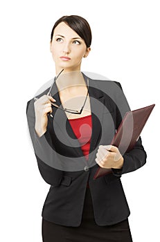 Business woman portrait, isolated white background, thinking