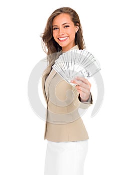 Business woman, portrait smile and money fan in finance for wealth, winning or salary against a white studio background