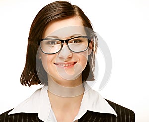 Business woman portrait smiling wearing glasses over a white background