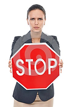 Business woman, portrait and stop sign in protest, emergency or warning on a white studio background. Concerned or