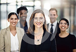 Business woman, portrait and team with leadership for career ambition, confidence or firm at office. Female person or