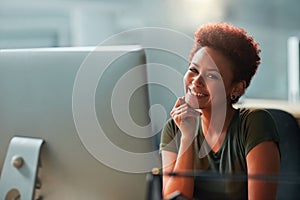 Business woman, portrait and working on computer with smile, confidence and planning in public relations. Young and