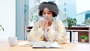 Business woman, praying and faith in office, bible study and notebook for religion, gratitude and peace at job. Lady