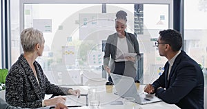 Business woman, presentation and meeting documents for statistics, data analytics or financial report on a glass board