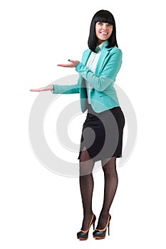 Business woman presenting a copyspace. Isolated on white.