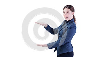 Business woman presenting a copyspace isolated on white background.