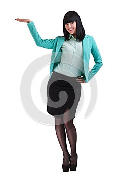 Business woman presenting a copyspace. Isolated on