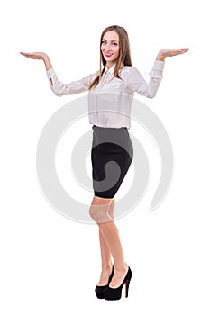 Business woman presenting a copyspace. Isolated on
