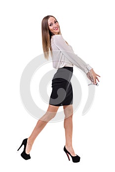 Business woman presenting a copyspace. Isolated on