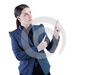 Business woman presenting a copyspace isolated on white background.