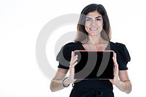 business woman presenting holding tablet computer mockup empty black screen