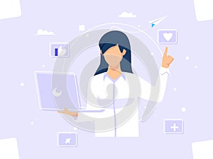 Business woman presenting with laptop. Social media internet network. Vector illustration of business people