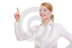 Business woman pressing button pointing isolated