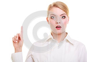 Business woman pressing button or pointing isolated