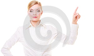 Business woman pressing button or pointing isolated